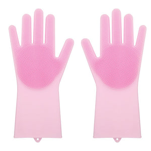 Multi Purpose Silicone Dishwashing Gloves with Bristles (Pink)